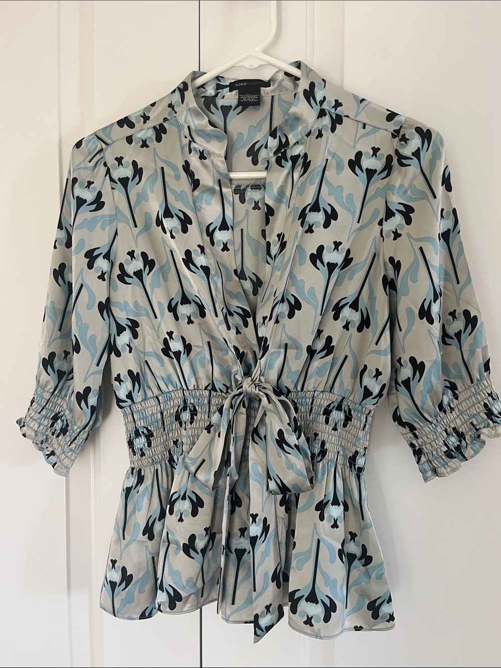 BCBGMaxazria Blue, Black and Cream Floral Tie-Waist Blouse